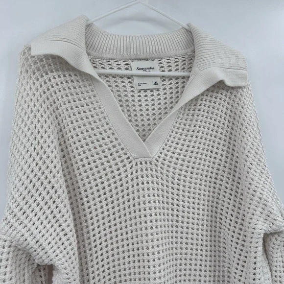 Abercrombie & Fitch Womens Open Knit V-‎ Neck Collared Sweater Size M Ivory - Picture 2 of 8